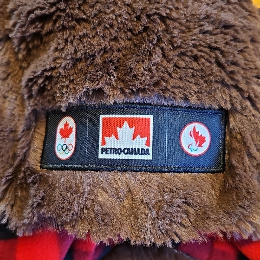 Petro-Canada Bear Hat - Brown Faux Fur with Red Buffalo Plaid Lining - Picture 3 of 8
